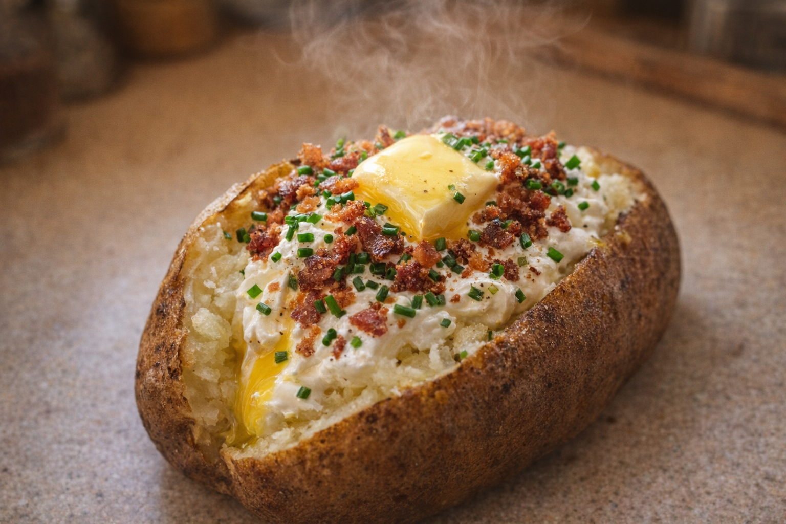 An overhead shot of a perfectly baked potato, split open and steaming, topped with butter, sour cream, chives, and crumbled bacon. Warm, inviting lighting